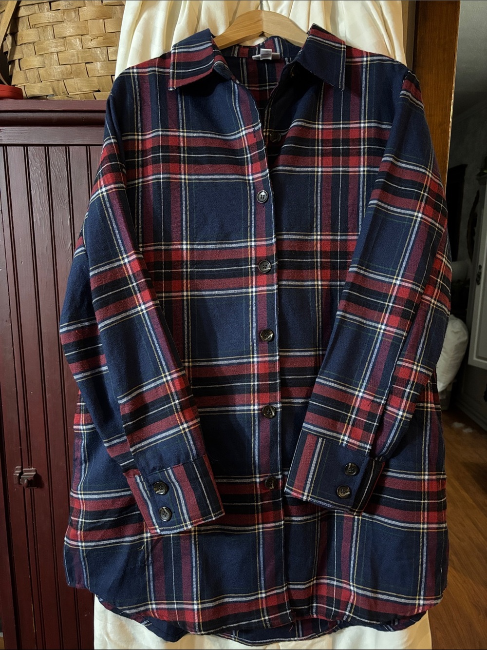 LuLaRoe Navy & Burgundy Plaid Button Shirt w/ pockets